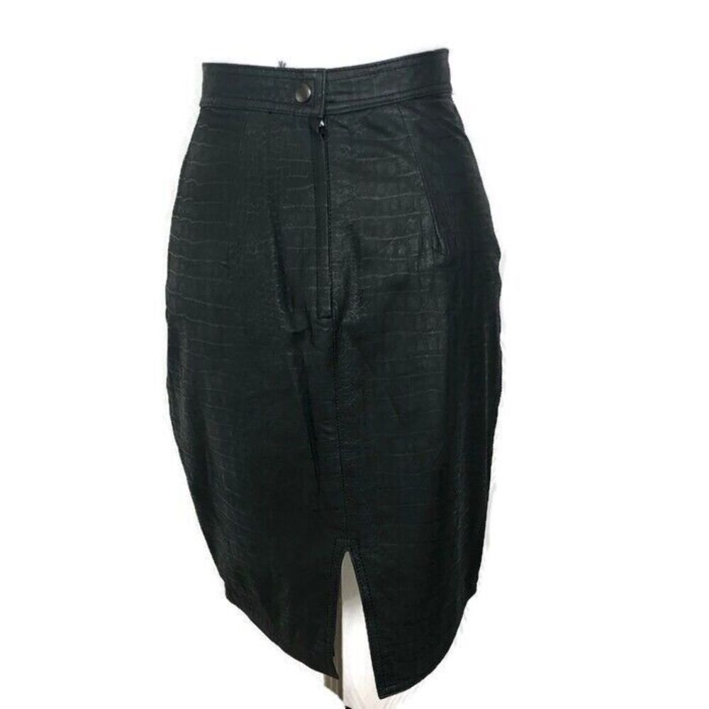 Vintage Greg Adams Leather Skirt Women Size‎ 9 10 High Waisted Black Printed